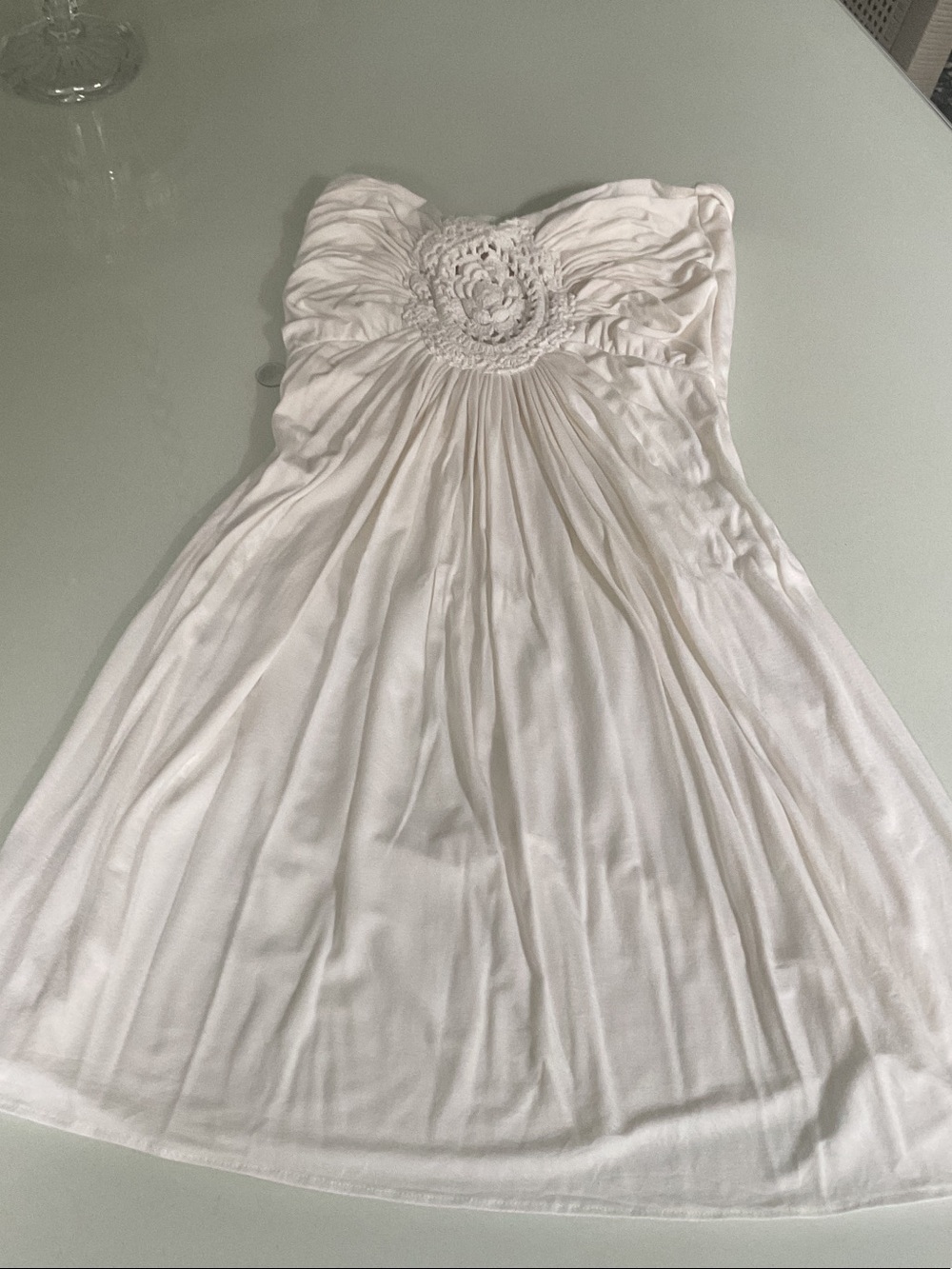 SKY DRESS XS. White  Strapless Crochet Detail Sundress